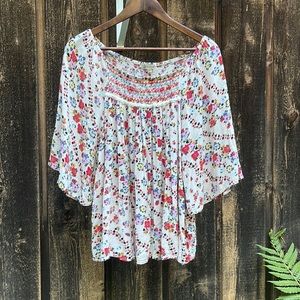 Democracy Boho Peasant Blouse Top Cottagecore Flowers Embroidered Bib Accents 1x
